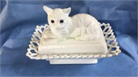 Milk glass cat covered basket jar, cat with pink