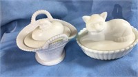 Milk glass hatching chicken egg and cat covered