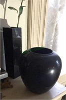 2 black glass vases, tall 10 inch square and a 7