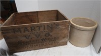 Vintage Wooden Box & Small Crock