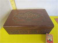 Early wooden leather covered box with treasures
