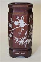 Chinese Inlaid Wood Carved Brush Pot