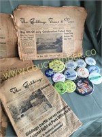 Vintage Giddings Geburgstag buttons & newpapers