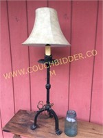 Iron base lodge style lamp faux leather shade