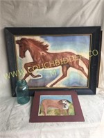 1960s art work- pastel horse & watercolor bull