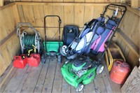 Silver 5 HP Easy Mulch mower with 3 gas cans,