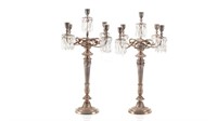 Pair of silver plate candelabras with drops