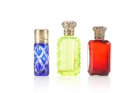 Three antique coloured glass scent bottles