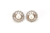Pair of gold, diamond & pearl clip earrings