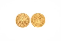 Two Austrian gold ducat coins