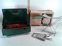 Coleman camp stove and 2  metal folding camping