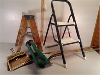 2 step stools, push broom, shovel, and dustpans
