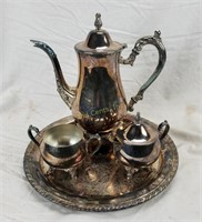 Oneida Silver Plate Tea Pot Sugar Creamer & Tray