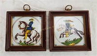 Pair Of Framed Painted Tiles Horse Riding