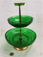 Vintage Green Glass & Brass 2 Tier Serving Dish