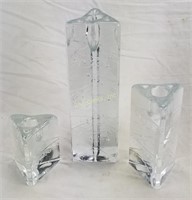 3 Clear Art Glass Candle Sticks Triangle Bubbles