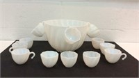 Vintage Milk Glass Punch Bowl and Cups K12D