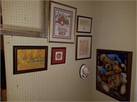 Wall of Misc Framed Pictures, Prints, Needle Point