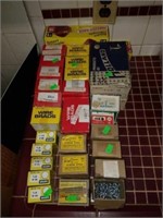 Lot of Boxes of Screws, Nails, Hook Screws, & More