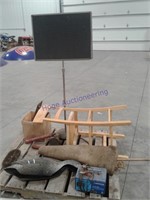 Pallet--chair, battery charger, sign on stand, rug