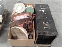 Pallet--3-drawer file, tins, pictures, planter