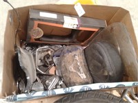 Box of assorted Harley parts: seats, belt guard,