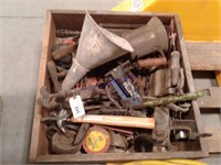 Box of misc tools:  torch, jack, wheels, misc