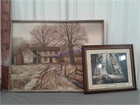 Canvas painting w/ barnboard frame, bridge print