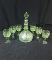 Green sandwich glass decanter and glasses approx