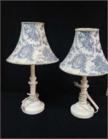 Pair of blue & white shade lamps approx 22 inches