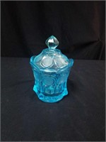 Blue coin glass dish with lid approx 6 inches