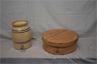 B4- WOOD CHEESE BOX AND BLUE RING WATER CROCK