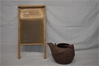 B1- VINTAGE WASH BOARD AND CAST IRON KETTLE