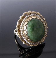 Vintage 14K Yellow Gold Green Stone, Pearl Ring