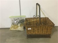 Decorative basket & a bag of beads