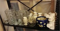 B3- Shelf of Pillar Candles, Glass & Ceramic Vases