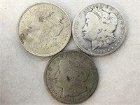1899-O,1921 & 1921-D MORGAN SILVER DOLLARS, 3 X $