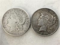 1921 MORGAN & 1924 PEACE DOLLARS, 2 X $