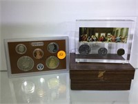 ACRYLIC PAPERWEIGHT W/ROMAN COINS & 2011 PROOF SET
