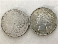 1921 MORGAN & 1923 PEACE DOLLARS, 2 X $