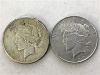 1925 & 1922 PEACE SILVER DOLLARS, 2 X $