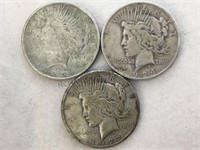 1924, 1922-S & 1925 SILVER PEACE DOLLARS, 3 X $