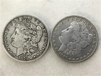 1879-O & 1891-O MORGAN SILVER DOLLARS, 2 X $
