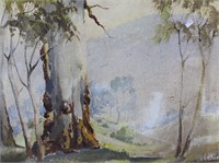 Artist unknown, rural scene with large gums,