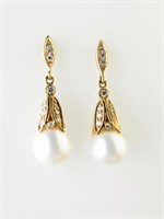 18K Yellow Gold Drop Pearl, Diamond Earrings