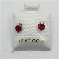 $160 10K Synthetic Ruby And Cz Earrings