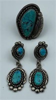 Silver and turquoise earrings and ring