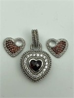 Sterling garnet heart pendant & earring charms