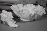 White Hobnail Milk Glass Bowl & 2- Shoes