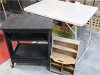 Folding Aluminum Table, Rolling Cart & Wood Box